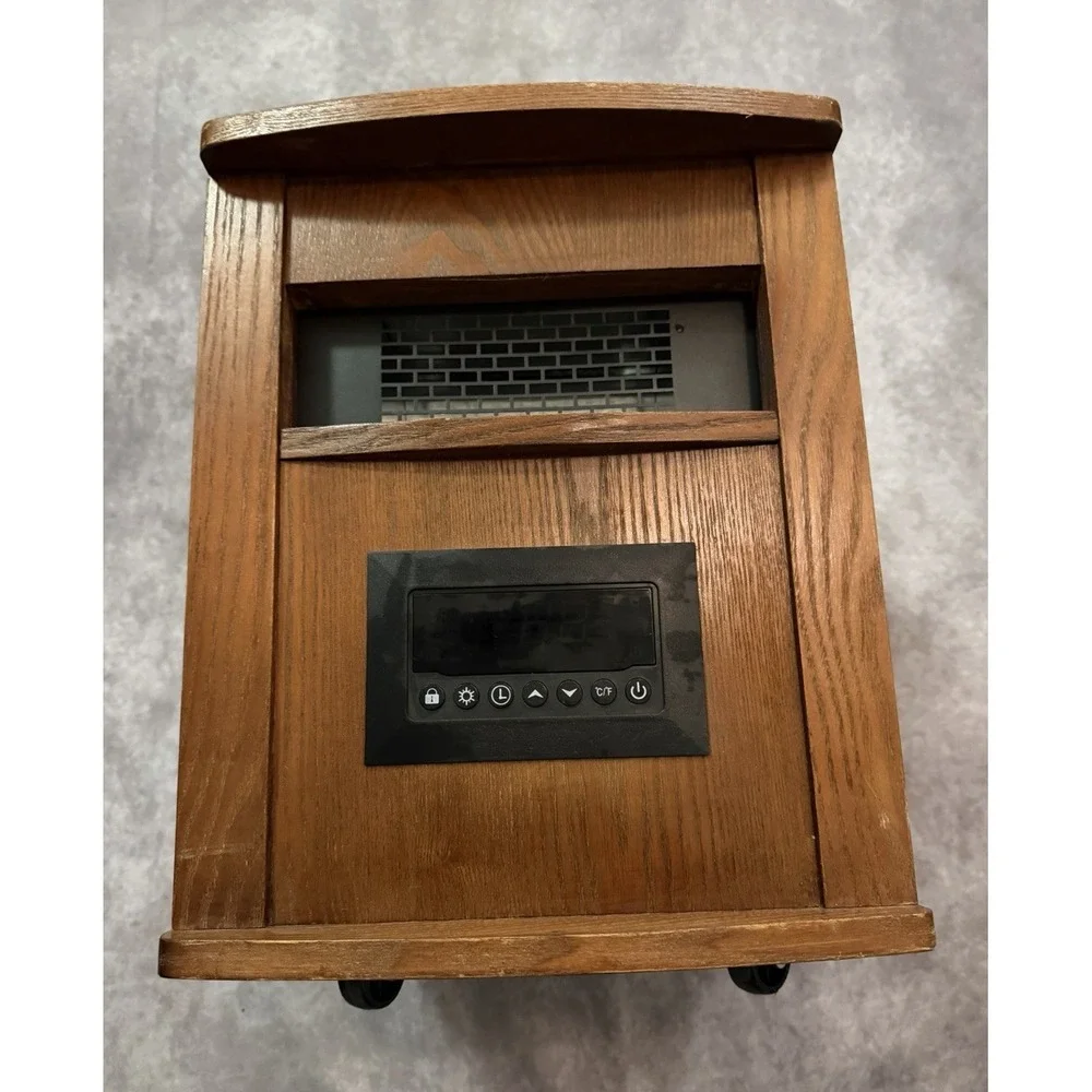 Electric Portable Space Heater, Brown Wood Cabinet, Digital Display, Timer, 120V